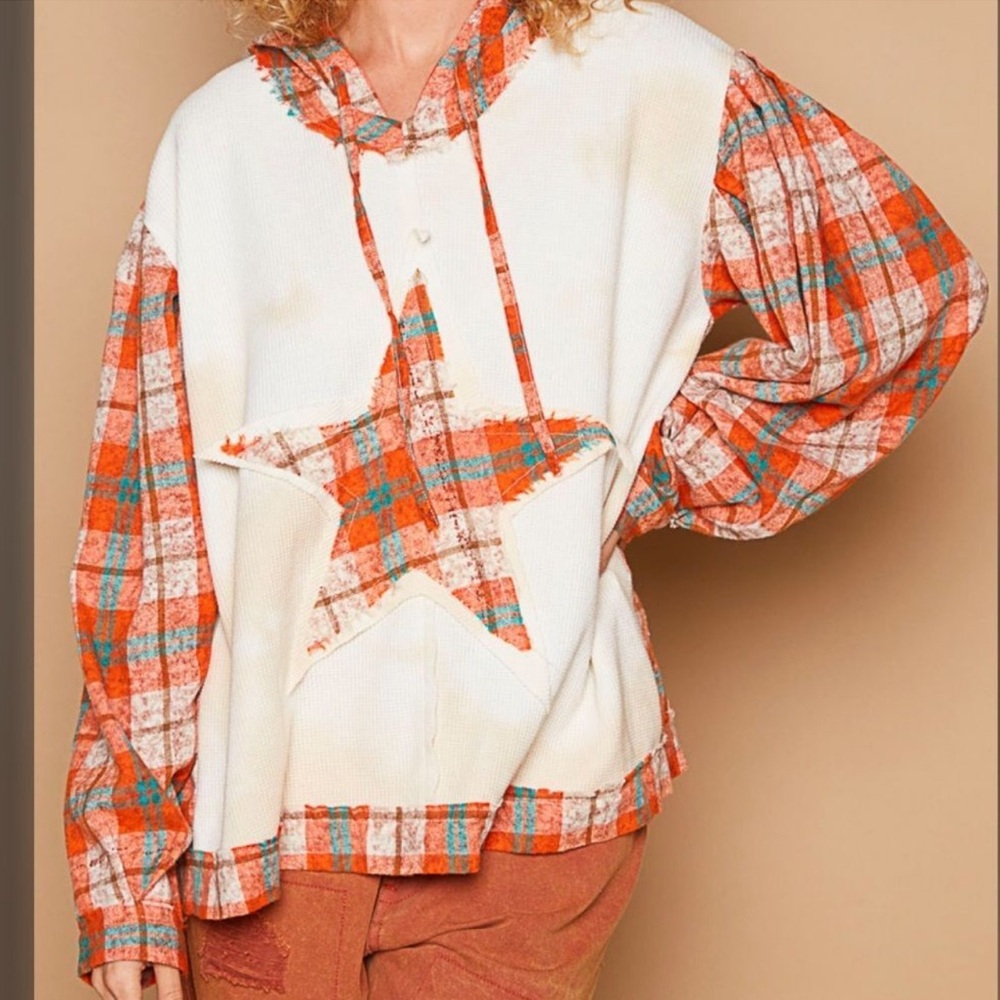 POL Tie Dyed Thermal Knit Top with Contrasting Plaid Sleeves and Star Patch